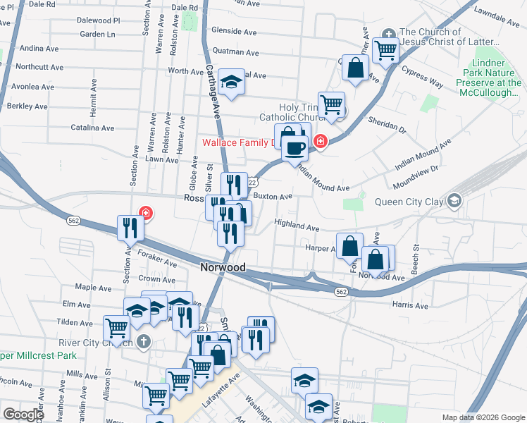 map of restaurants, bars, coffee shops, grocery stores, and more near 5032 Stewart Park in Norwood
