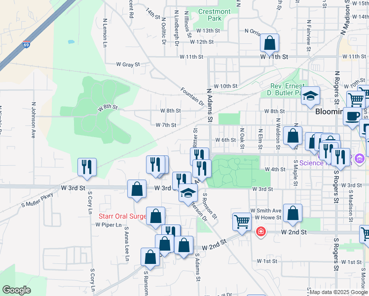 map of restaurants, bars, coffee shops, grocery stores, and more near 1409 West Kirkwood Avenue in Bloomington