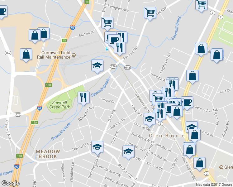 map of restaurants, bars, coffee shops, grocery stores, and more near 506 1st Avenue Southwest in Glen Burnie