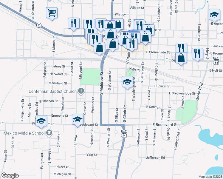 map of restaurants, bars, coffee shops, grocery stores, and more near 704 South Western in Mexico