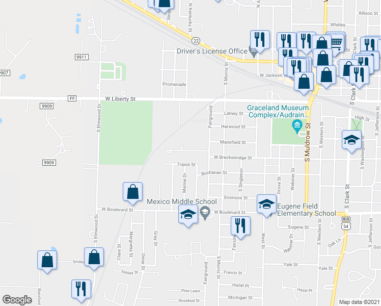 map of restaurants, bars, coffee shops, grocery stores, and more near 1308 West Breckenridge Drive in Mexico