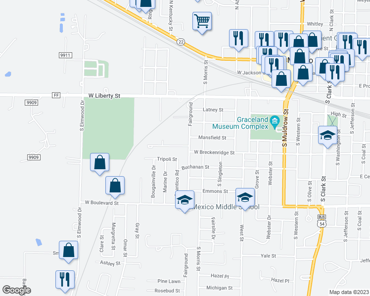 map of restaurants, bars, coffee shops, grocery stores, and more near 1224 West Breckenridge Drive in Mexico