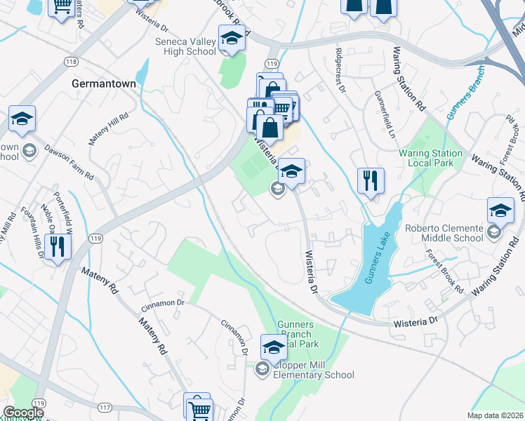 map of restaurants, bars, coffee shops, grocery stores, and more near 12610 Grey Eagle Ct in Germantown