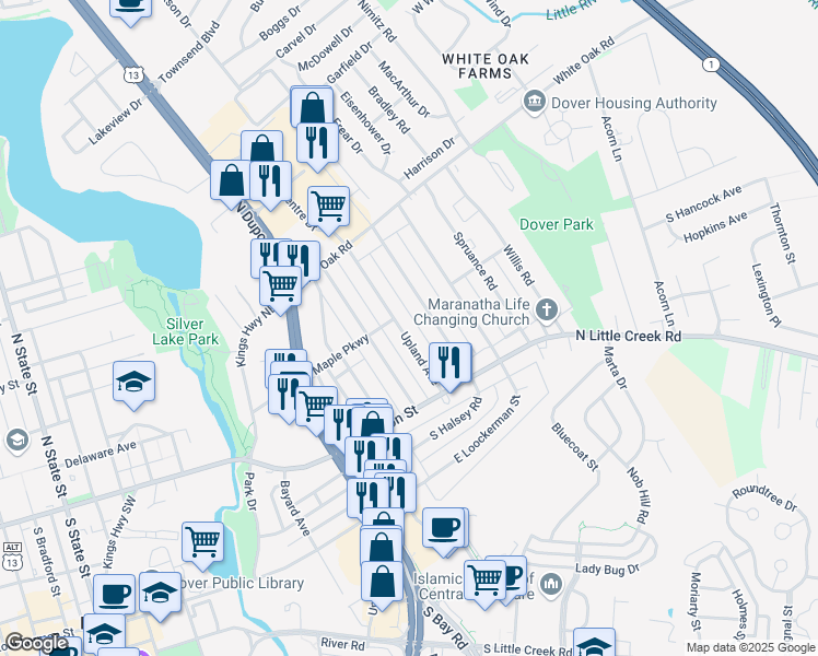 map of restaurants, bars, coffee shops, grocery stores, and more near 57 Greenhill Avenue in Dover