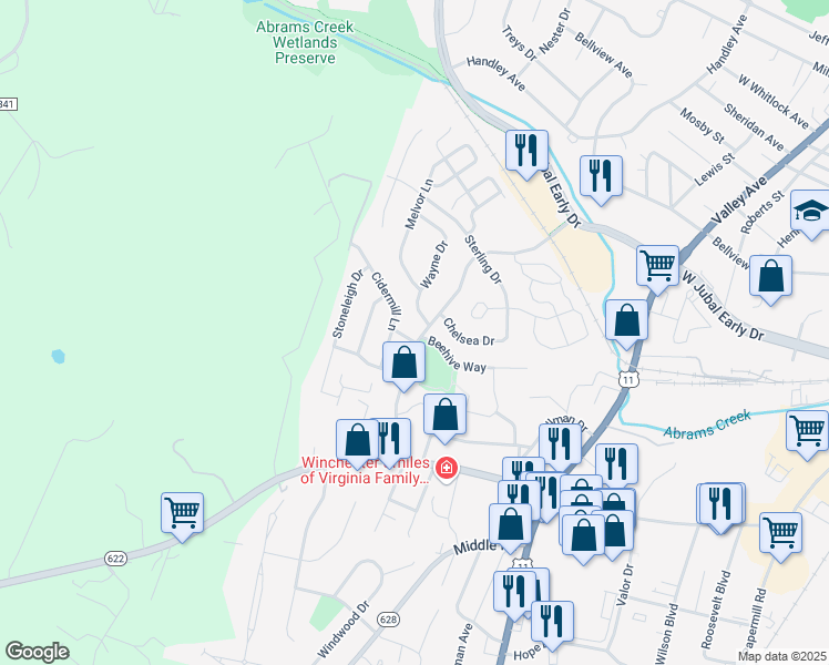 map of restaurants, bars, coffee shops, grocery stores, and more near 2044 Harvest Drive in Winchester