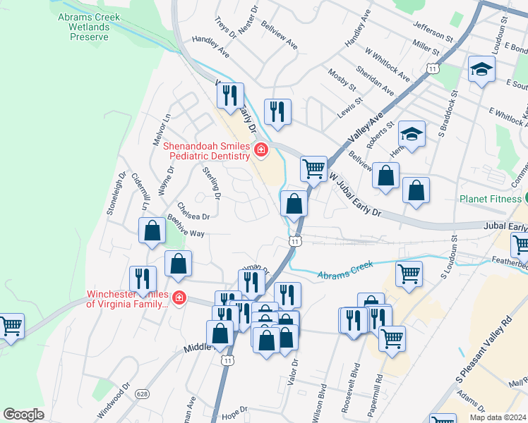 map of restaurants, bars, coffee shops, grocery stores, and more near 521 Wharton Circle in Winchester