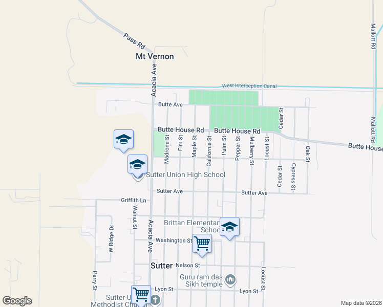 map of restaurants, bars, coffee shops, grocery stores, and more near 2654 Maple Street in Sutter