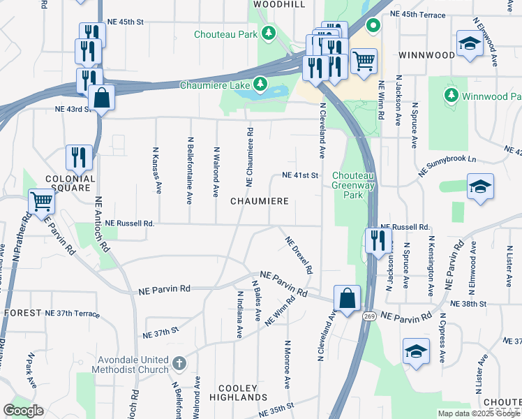 map of restaurants, bars, coffee shops, grocery stores, and more near 4016 North Askew Avenue in Kansas City