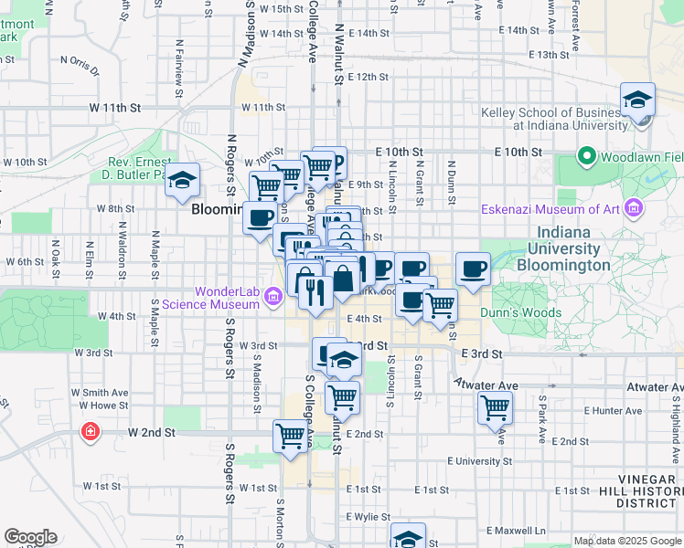 map of restaurants, bars, coffee shops, grocery stores, and more near 101 West Kirkwood Avenue in Bloomington