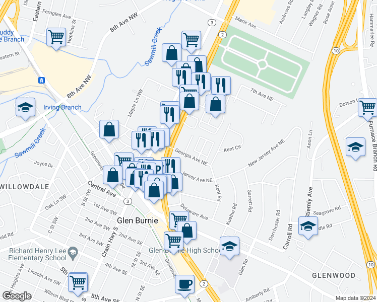 map of restaurants, bars, coffee shops, grocery stores, and more near 104 Georgia Avenue Northeast in Glen Burnie