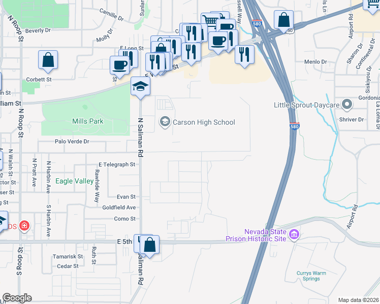 map of restaurants, bars, coffee shops, grocery stores, and more near 1698 East Robinson Street in Carson City