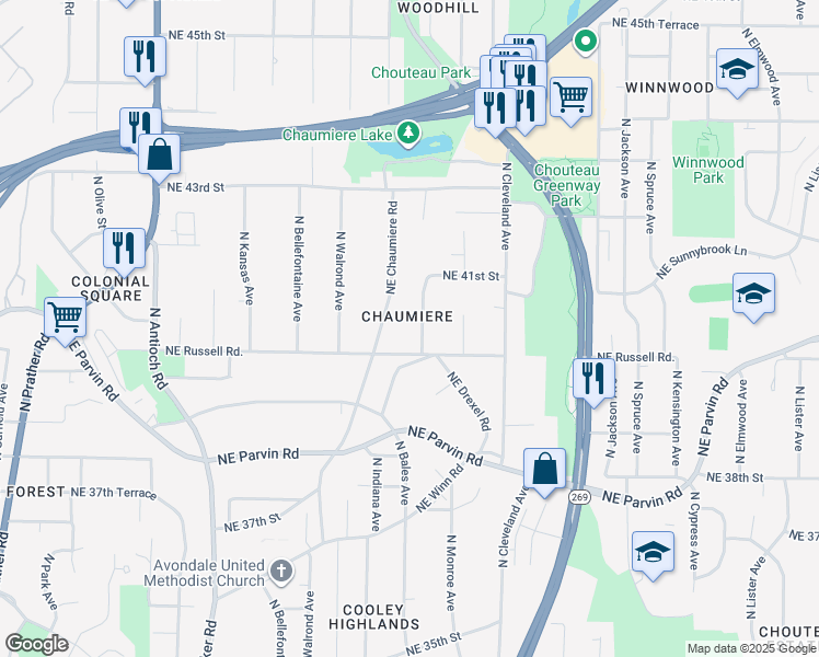 map of restaurants, bars, coffee shops, grocery stores, and more near 4016 North Askew Avenue in Kansas City