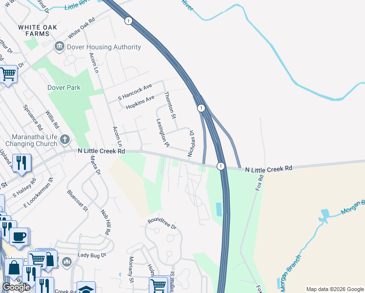 map of restaurants, bars, coffee shops, grocery stores, and more near 104 Lexington Place in Dover