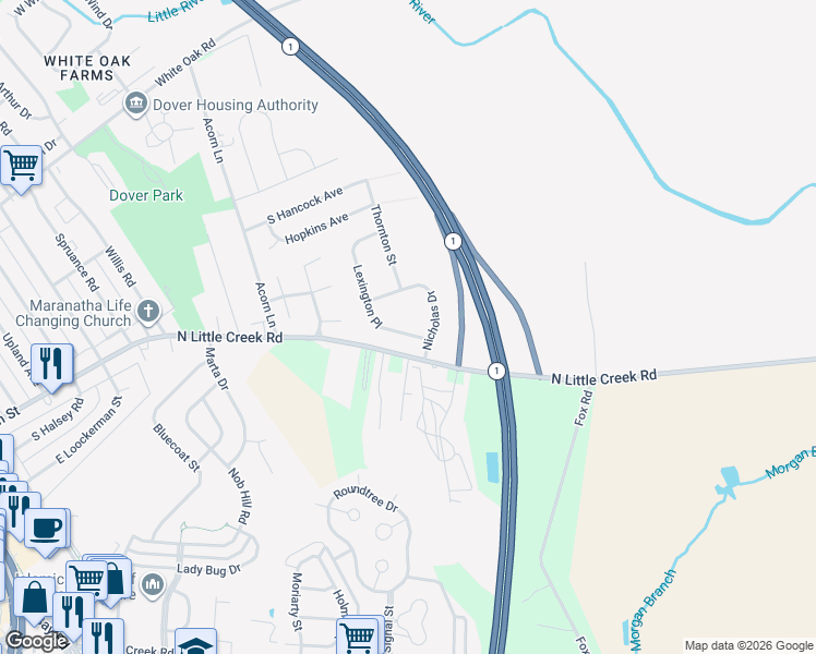 map of restaurants, bars, coffee shops, grocery stores, and more near 104 Lexington Place in Dover