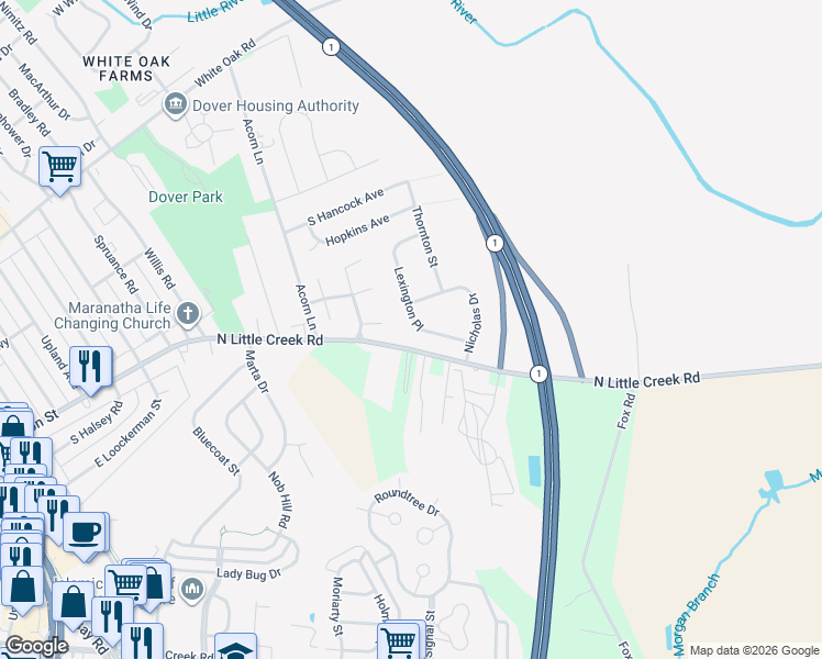 map of restaurants, bars, coffee shops, grocery stores, and more near 1492 North Little Creek Road in Dover