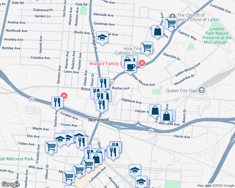 map of restaurants, bars, coffee shops, grocery stores, and more near 5021 Wesley Avenue in Cincinnati