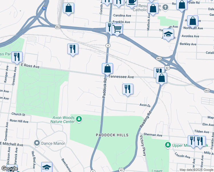 map of restaurants, bars, coffee shops, grocery stores, and more near 1201 Avon Drive in Cincinnati