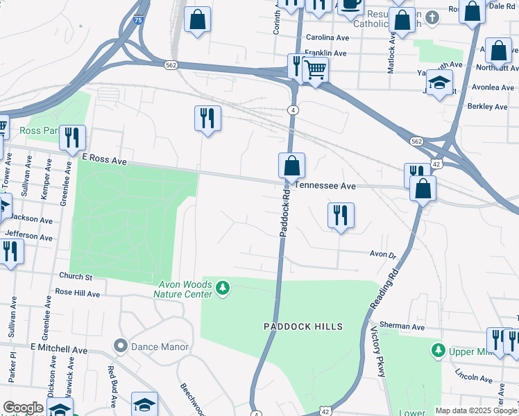 map of restaurants, bars, coffee shops, grocery stores, and more near 1124 Clearbrook Drive in Cincinnati