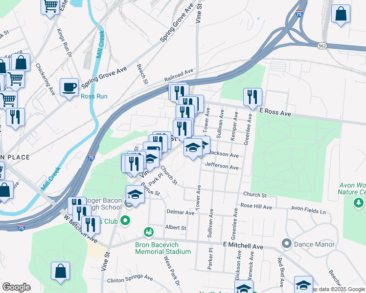 map of restaurants, bars, coffee shops, grocery stores, and more near 4704 Vine Street in Cincinnati