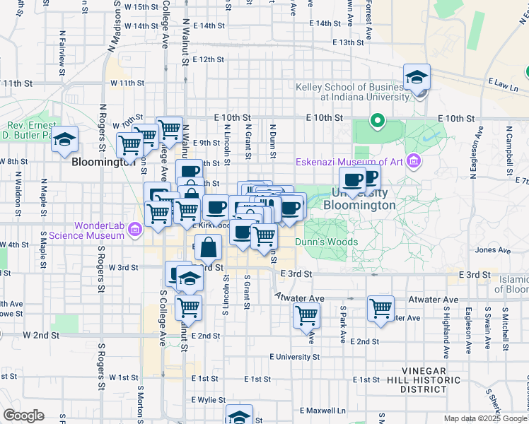map of restaurants, bars, coffee shops, grocery stores, and more near 420 East Kirkwood Avenue in Bloomington