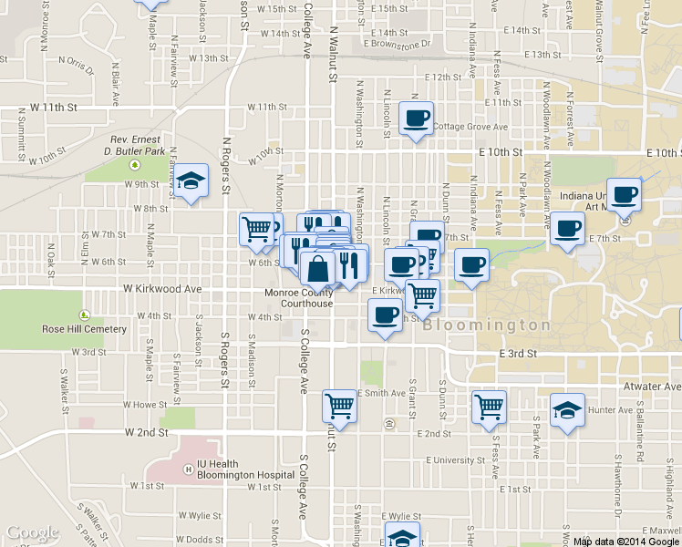 map of restaurants, bars, coffee shops, grocery stores, and more near 101 West Kirkwood Avenue in Bloomington