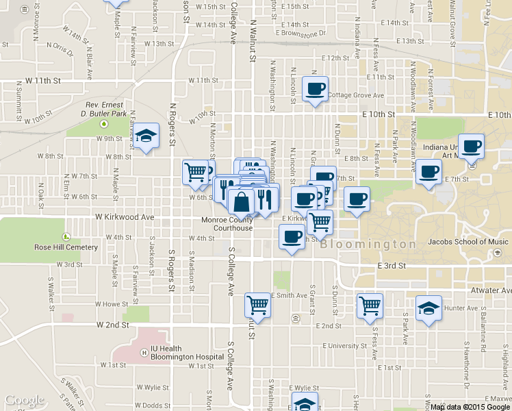 map of restaurants, bars, coffee shops, grocery stores, and more near 101 West Kirkwood Avenue in Bloomington
