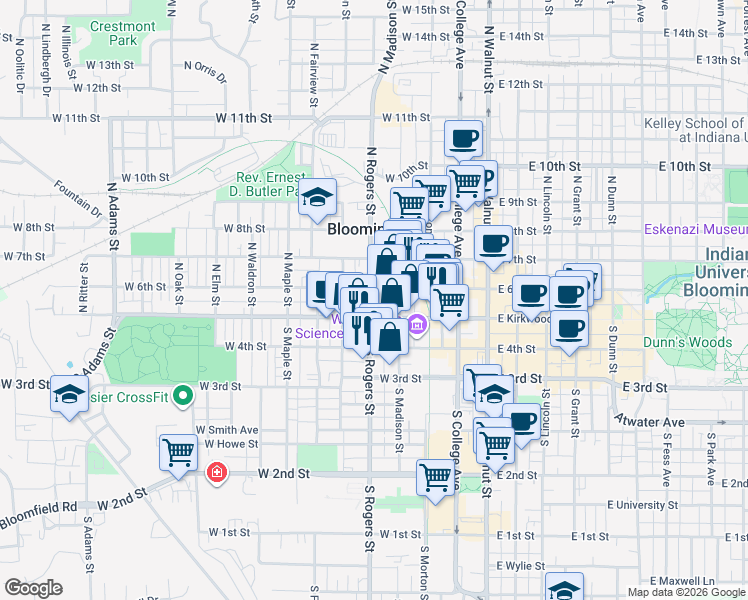 map of restaurants, bars, coffee shops, grocery stores, and more near 411 West Kirkwood Avenue in Bloomington