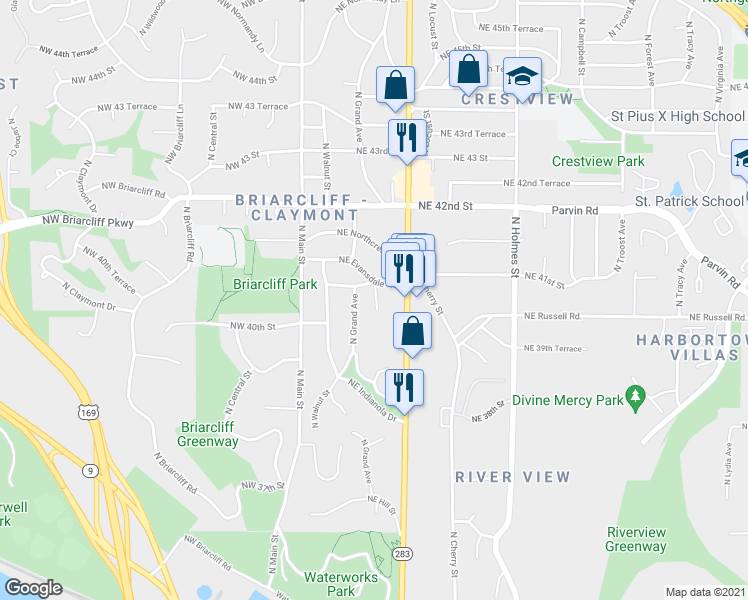 map of restaurants, bars, coffee shops, grocery stores, and more near 3920 North Oak Trafficway in Kansas City