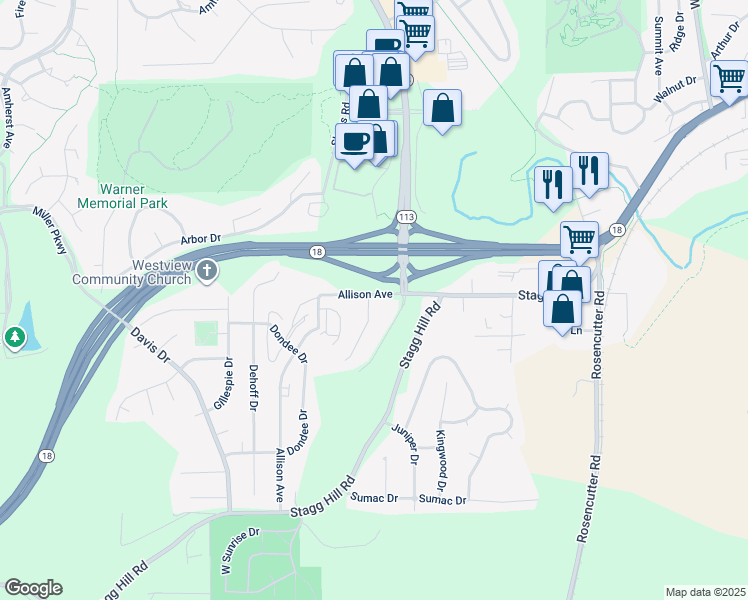 map of restaurants, bars, coffee shops, grocery stores, and more near 713 Canyon Drive in Manhattan