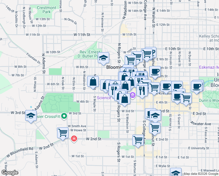 map of restaurants, bars, coffee shops, grocery stores, and more near 515 West Kirkwood Avenue in Bloomington
