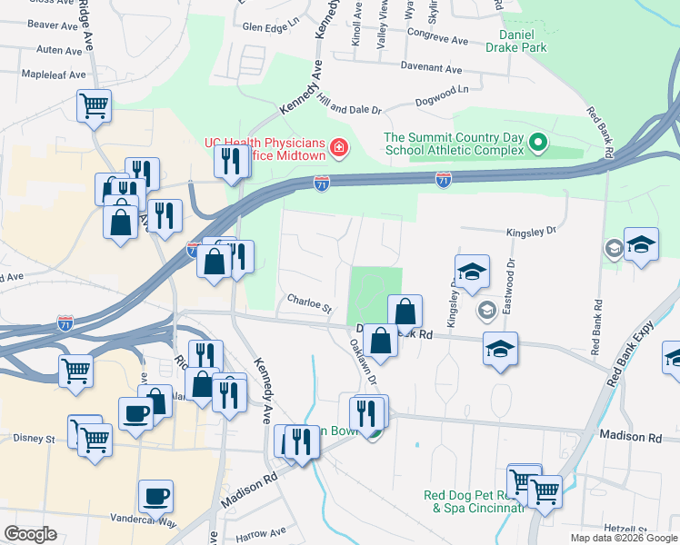map of restaurants, bars, coffee shops, grocery stores, and more near 4662 Riley Lane in Cincinnati