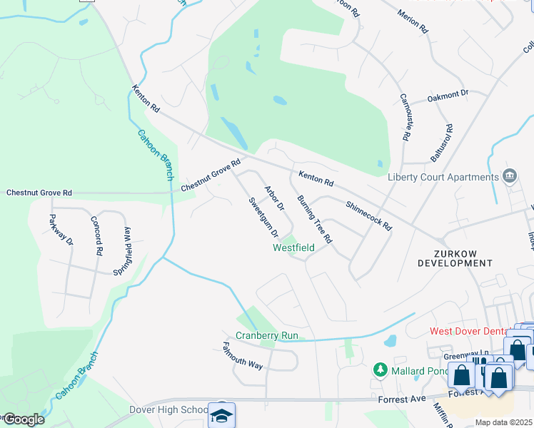 map of restaurants, bars, coffee shops, grocery stores, and more near 127 Sweetgum Drive in Dover