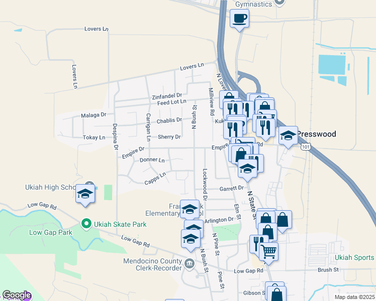 map of restaurants, bars, coffee shops, grocery stores, and more near 509 South Empire Drive in Ukiah