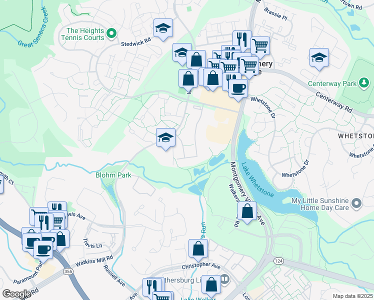 map of restaurants, bars, coffee shops, grocery stores, and more near 18905 Smoothstone Way in Gaithersburg