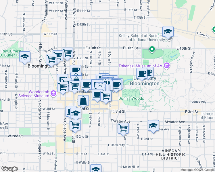map of restaurants, bars, coffee shops, grocery stores, and more near 420 East Kirkwood Avenue in Bloomington