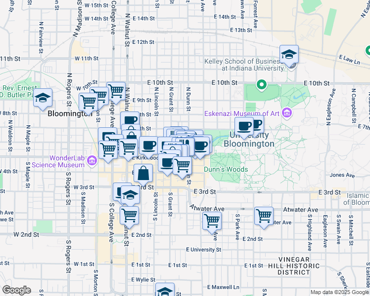 map of restaurants, bars, coffee shops, grocery stores, and more near 420 East Kirkwood Avenue in Bloomington