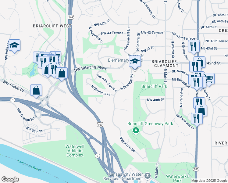 map of restaurants, bars, coffee shops, grocery stores, and more near 4030 North Briarcliff Road in Kansas City