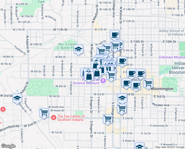 map of restaurants, bars, coffee shops, grocery stores, and more near 408 West 6th Street in Bloomington