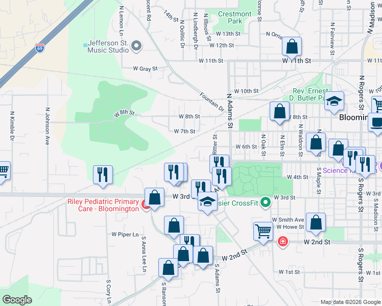 map of restaurants, bars, coffee shops, grocery stores, and more near 1510 West 6th Street in Bloomington