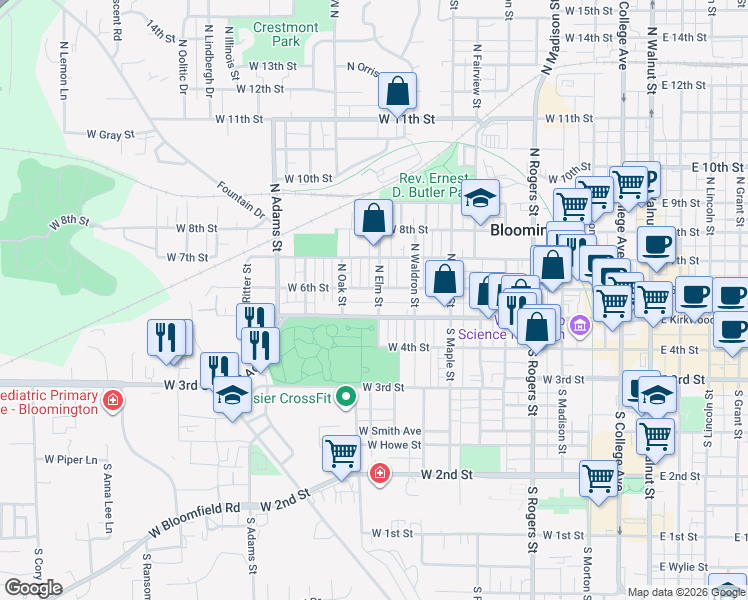 map of restaurants, bars, coffee shops, grocery stores, and more near 1002 West 6th Street in Bloomington
