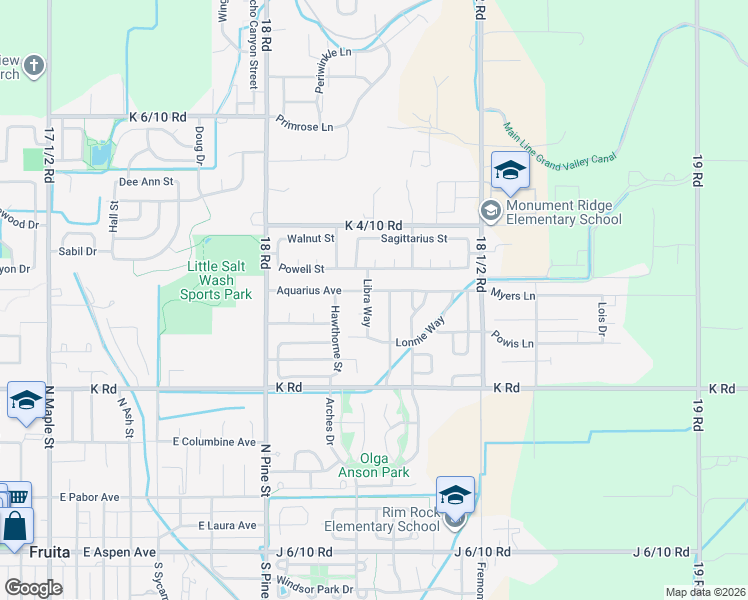 map of restaurants, bars, coffee shops, grocery stores, and more near 585-599 Libra Way in Fruita