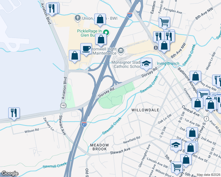 map of restaurants, bars, coffee shops, grocery stores, and more near 500 Dorsey Road in Glen Burnie