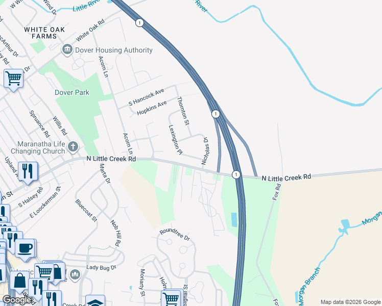 map of restaurants, bars, coffee shops, grocery stores, and more near 44 Nicholas Drive in Dover
