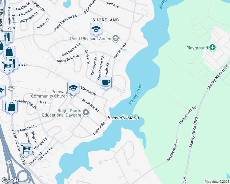 map of restaurants, bars, coffee shops, grocery stores, and more near 329 Gatewater Court in Glen Burnie