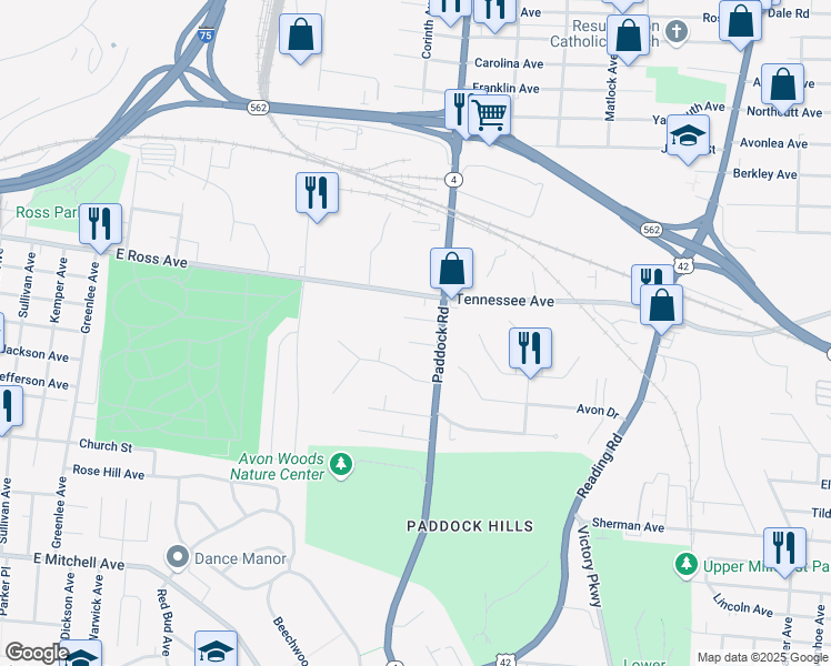 map of restaurants, bars, coffee shops, grocery stores, and more near 4591 Paddock Road in Cincinnati