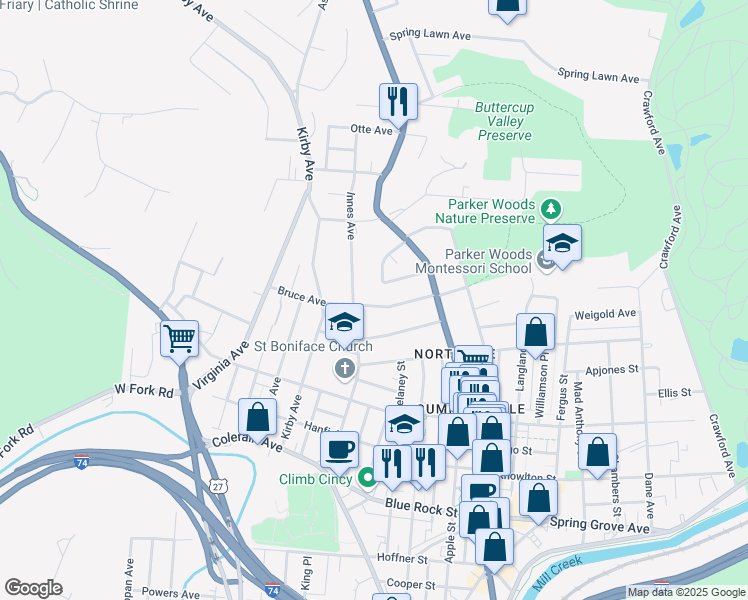 map of restaurants, bars, coffee shops, grocery stores, and more near 1634 North Argyle Place in Cincinnati