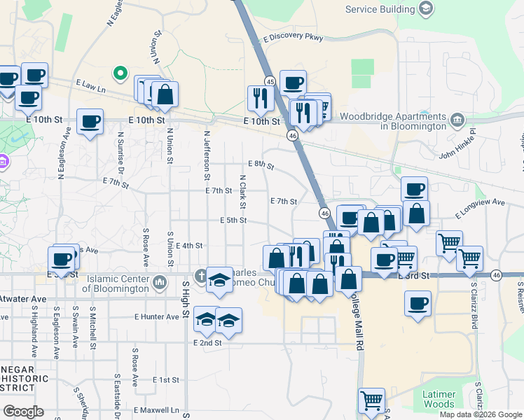 map of restaurants, bars, coffee shops, grocery stores, and more near 2414 East 7th Street in Bloomington