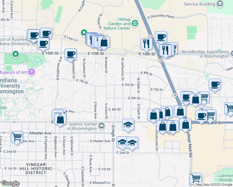 map of restaurants, bars, coffee shops, grocery stores, and more near 134 North Bryan Avenue in Bloomington