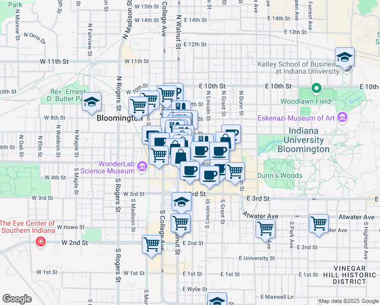 map of restaurants, bars, coffee shops, grocery stores, and more near 210 North Washington Street in Bloomington