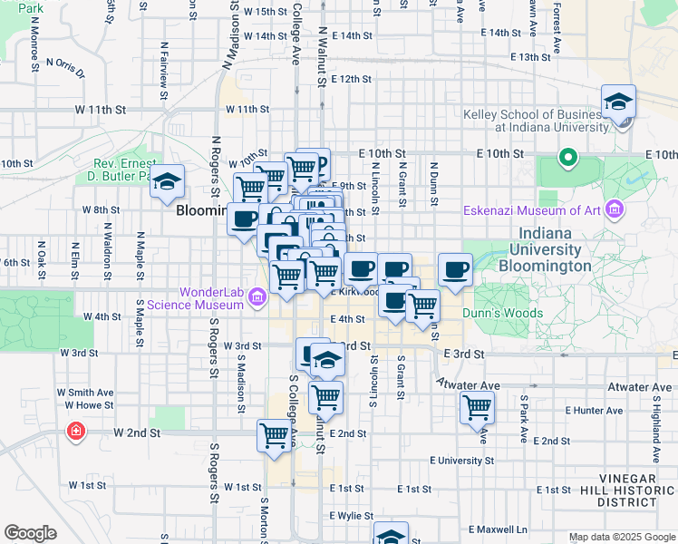 map of restaurants, bars, coffee shops, grocery stores, and more near 210 North Walnut Street in Bloomington